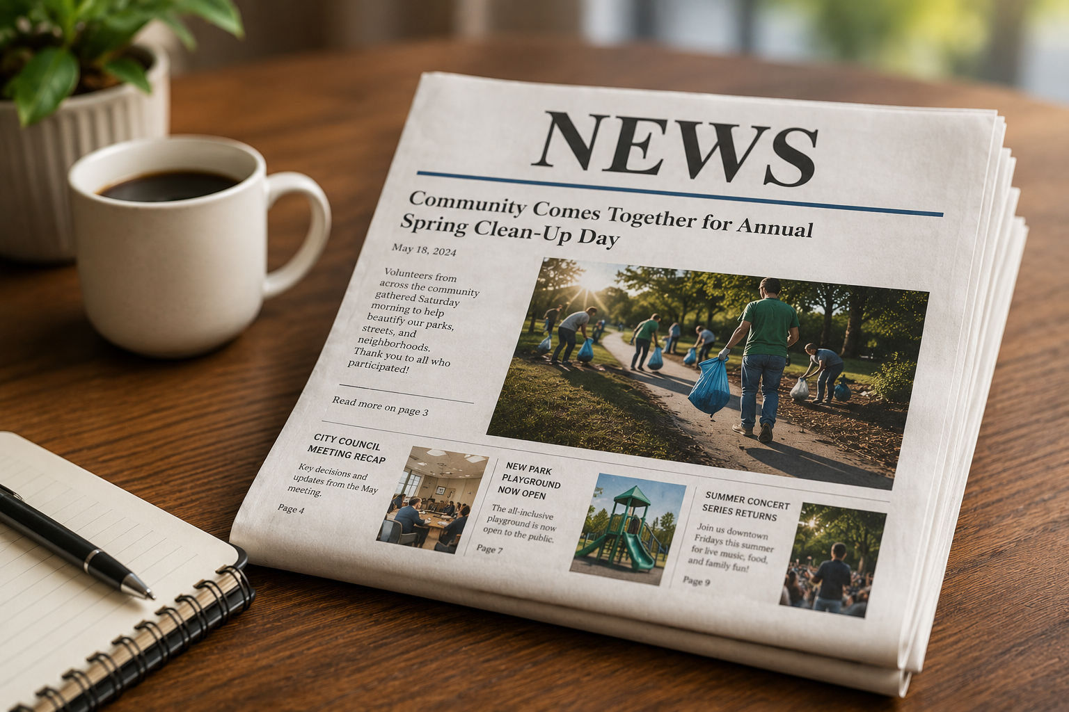 Newspaper on a desk with community news headlines