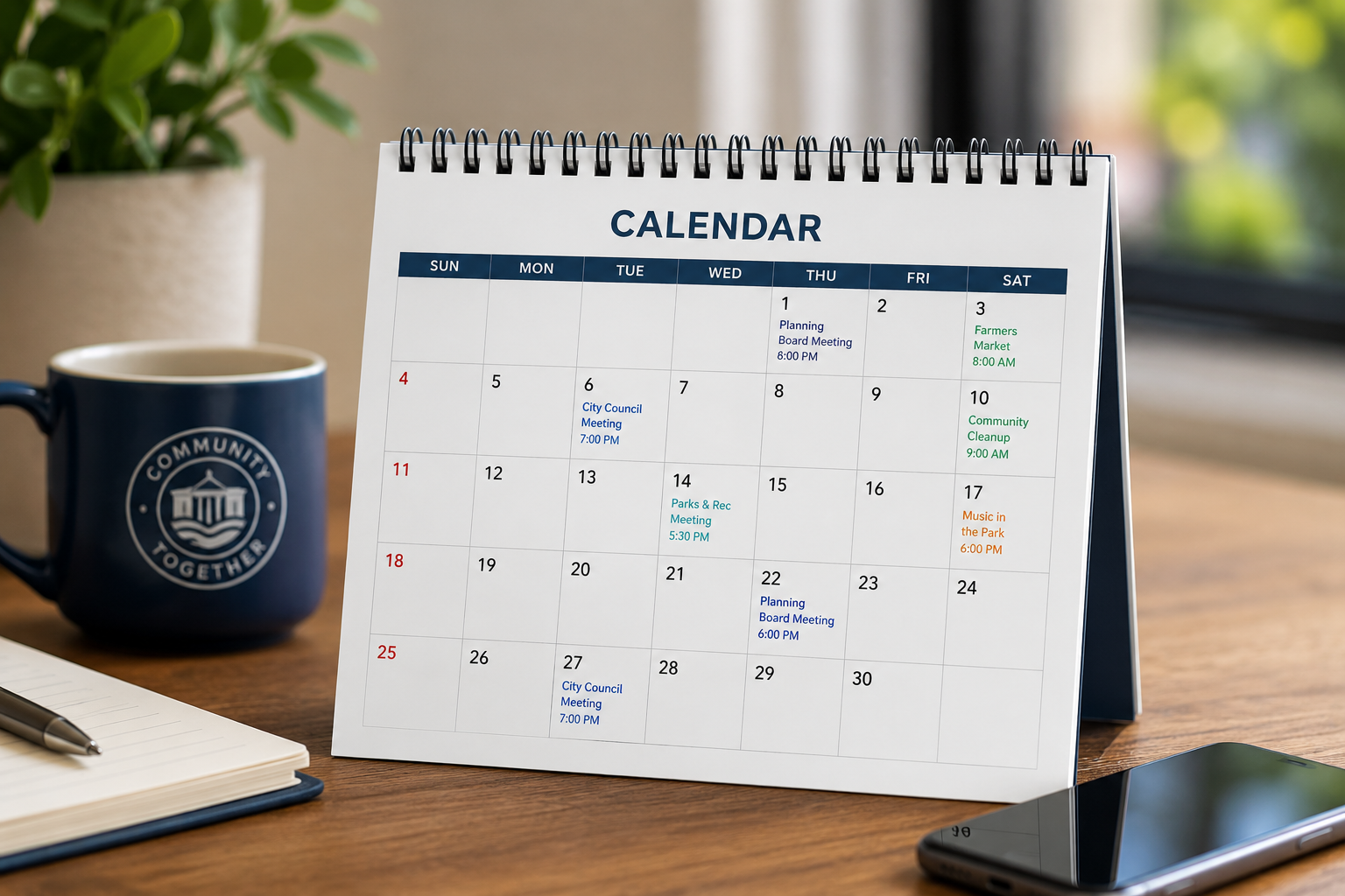 Desk calendar showing Town meetings and community events