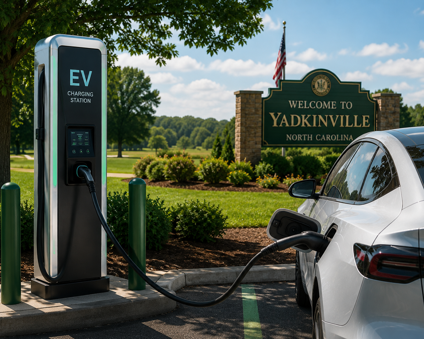 Car charging at an EV station beside the Welcome to Yadkinville, North Carolina sign