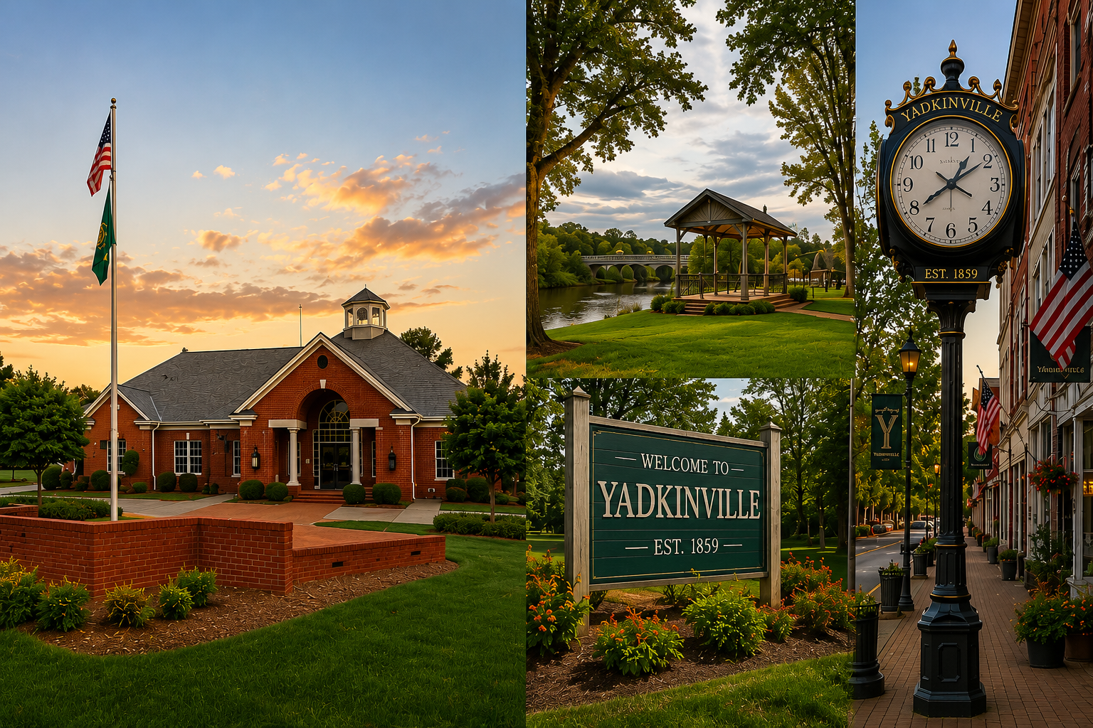 Collage of Yadkinville landmarks: Town Hall, the riverside gazebo, the Welcome to Yadkinville sign, and the downtown street clock