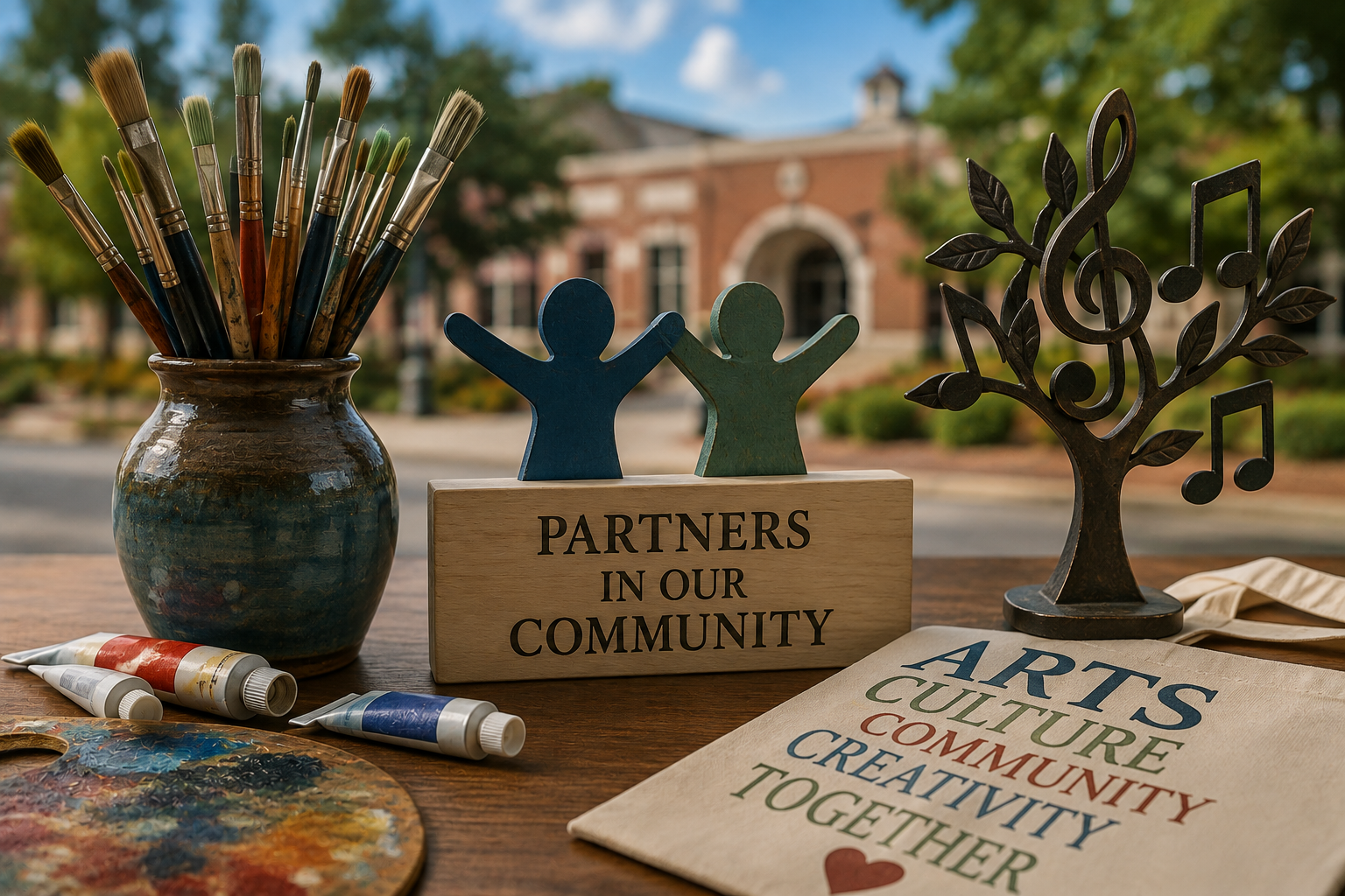 Paint brushes, a Partners in Our Community plaque, and a musical-note sculpture on a table outside the Yadkin Cultural Arts Center