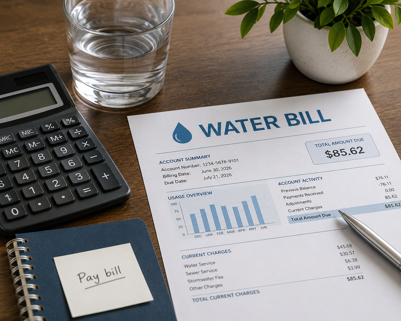 Printed town water bill on a desk with a calculator, pen, and glass of water