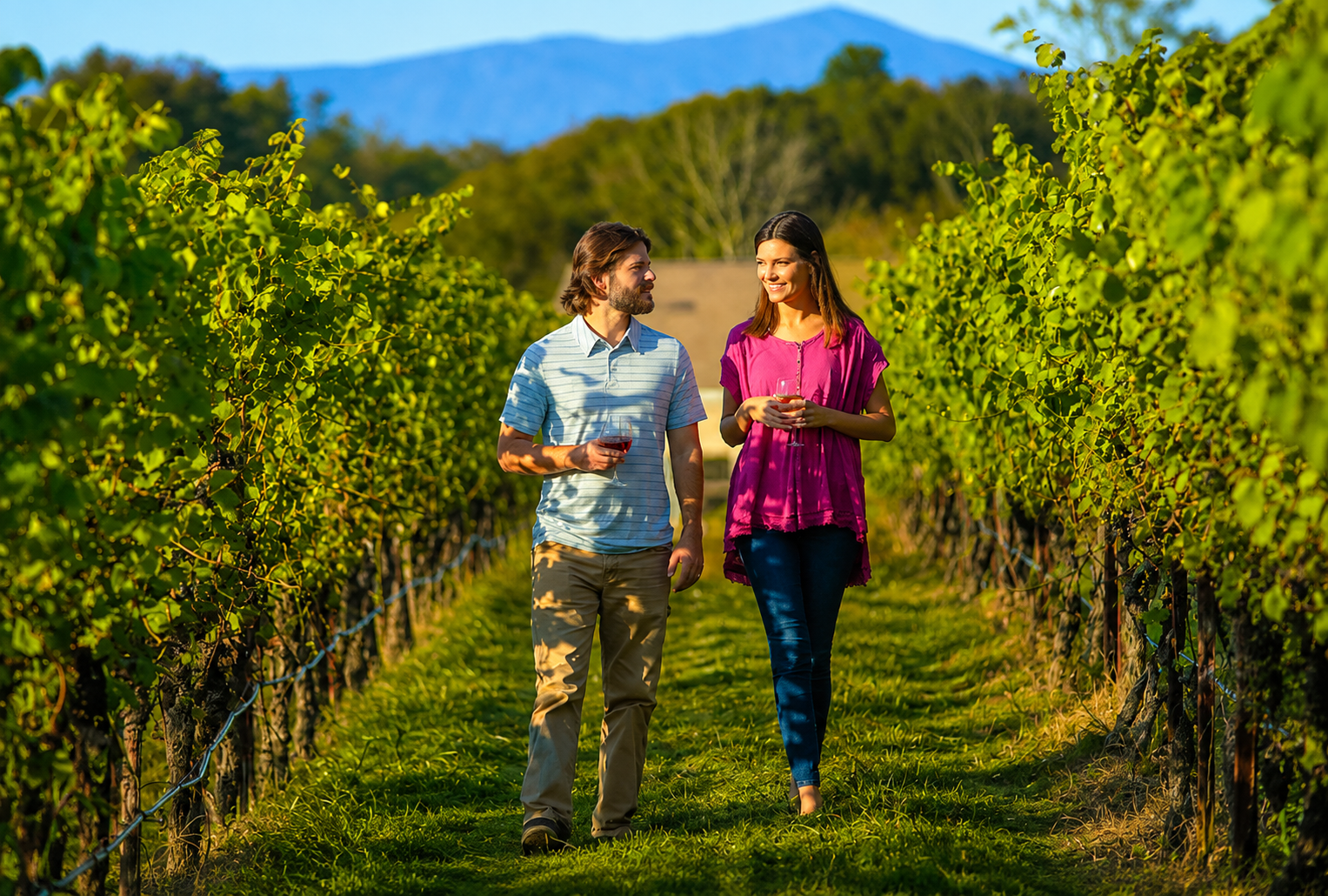 Two visitors walking between rows of vines in the Yadkin Valley