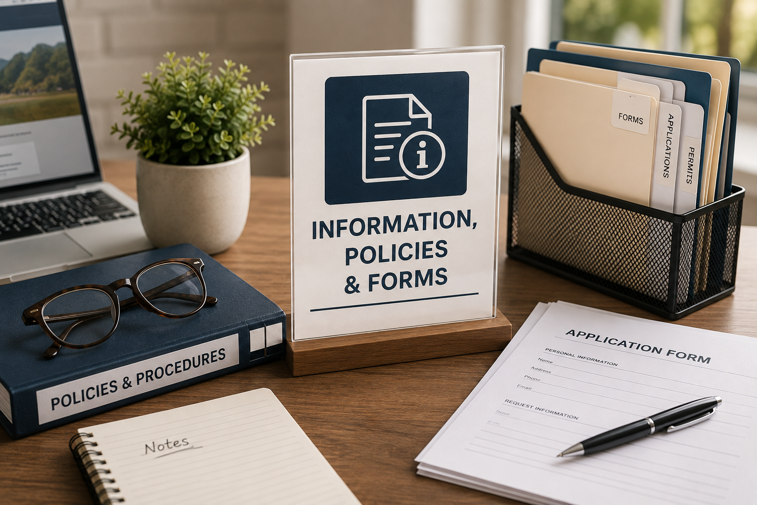 Desk with a policies and procedures binder, a file holder of forms and permits, and a blank application form